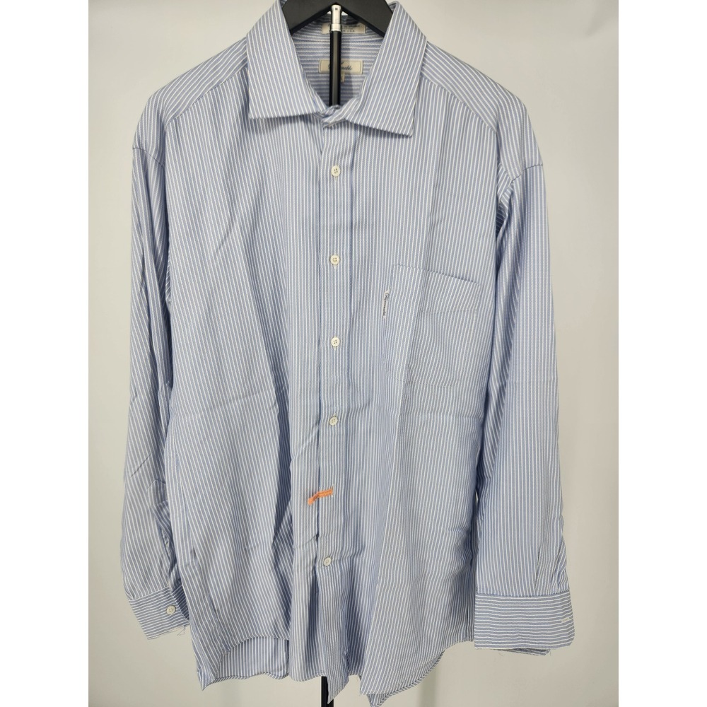 Faconnable Mens Blue White Striped Cotton Button Down Shirt Made in USA 17.5 L